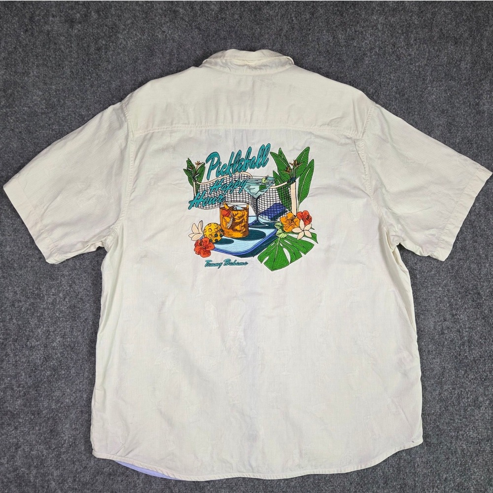 Tommy Bahama Button Down Shirt Mens XL White Pickleball Happy Hour Embroidered